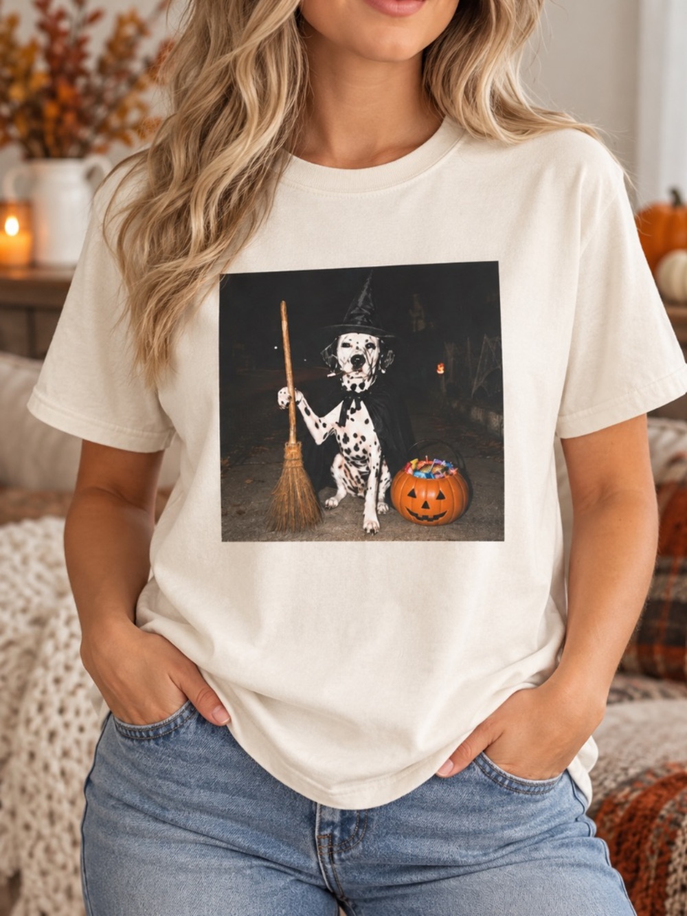 Dalmatian Halloween Graphic Tee Witch Dog Pumpkin Trick or Treat Gildan